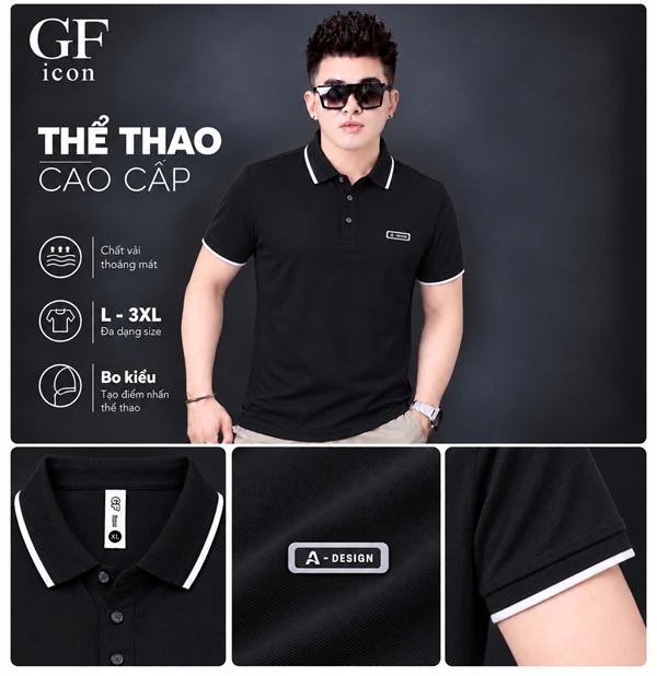 Áo polo nam tem ép chữ nhật ngực trái, bo cổ 1 viền — màu đen