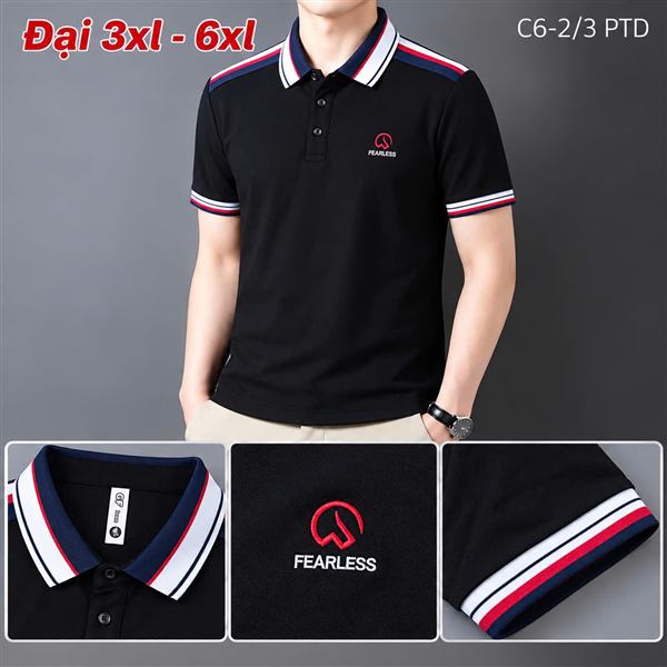 Áo polo nam size đại thêu logo tròn ngực, phối mảng xanh than — màu đen